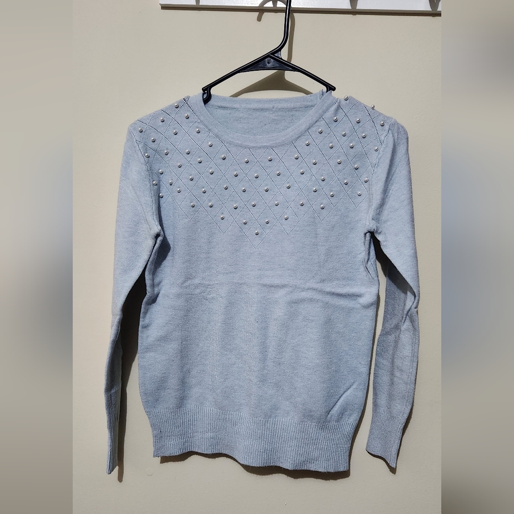 Elegant Light Blue Embellished Women's Sweatshirt